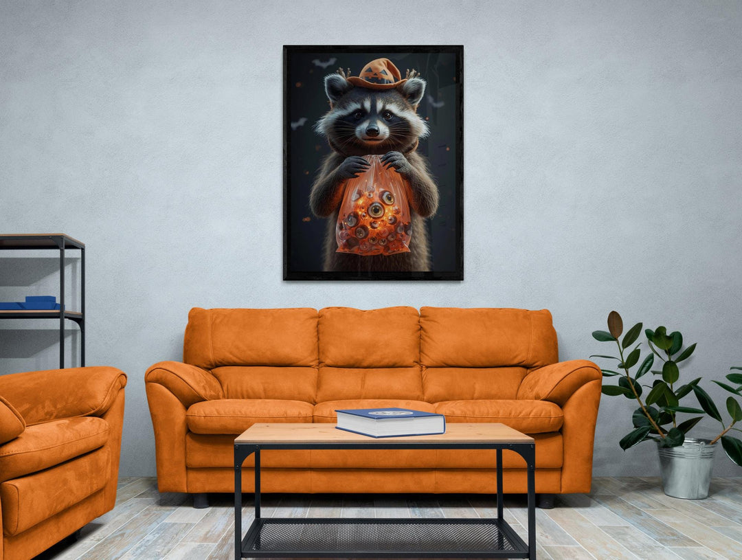 Poster of raccoon wearing witch hat holding translucent orange bag filled with eyeballs, weirdcore Halloween art