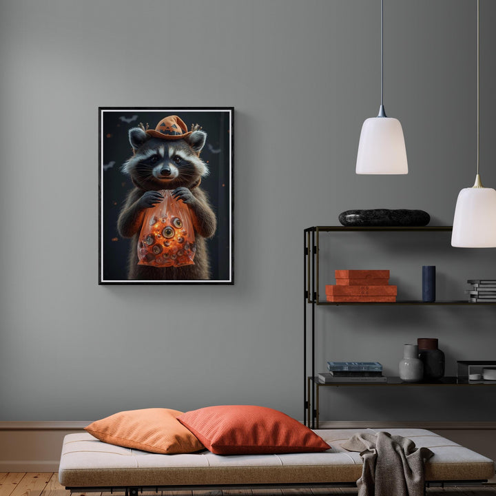 Poster of raccoon wearing witch hat holding translucent orange bag filled with eyeballs, weirdcore Halloween art