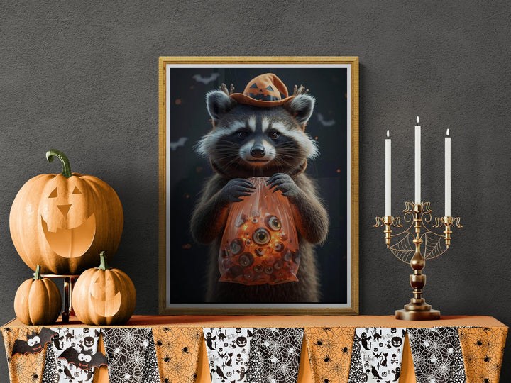 Poster of raccoon wearing witch hat holding translucent orange bag filled with eyeballs, weirdcore Halloween art