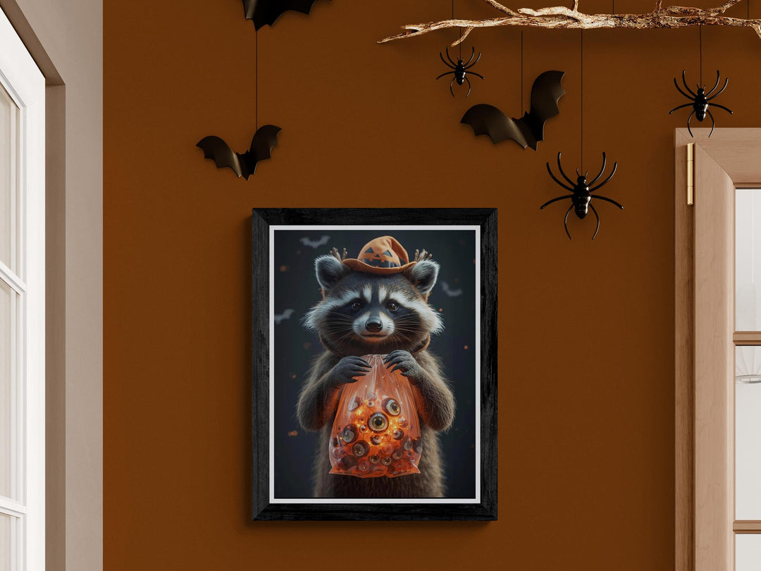 Styled wall mockup of surreal raccoon witch Halloween poster in frame