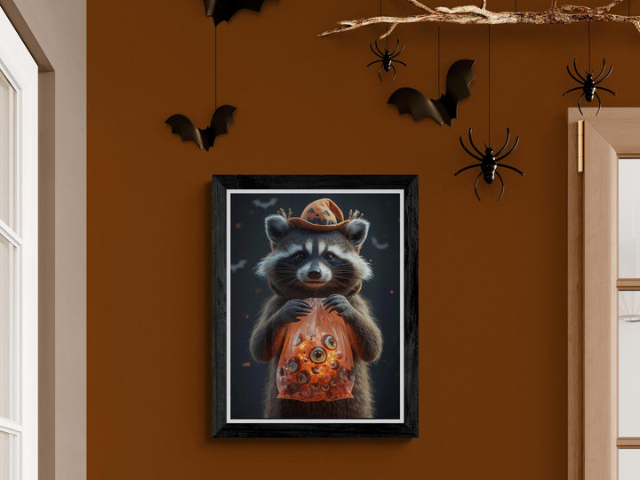 Styled wall mockup of surreal raccoon witch Halloween poster in frame