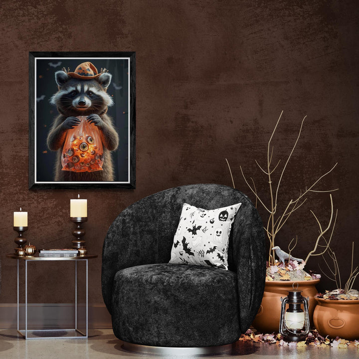 Poster of raccoon wearing witch hat holding translucent orange bag filled with eyeballs, weirdcore Halloween art