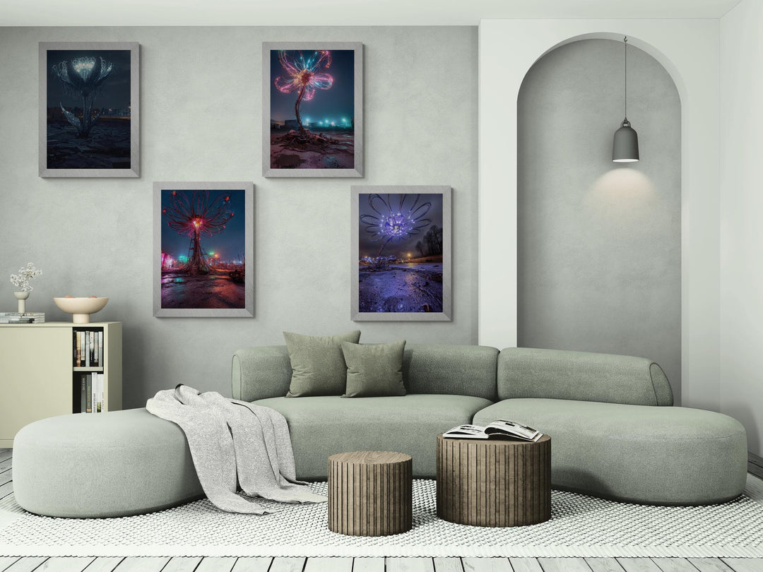 Cyberbloom collection of four artworks featuring cyberpunk flowers with glowing circuitry