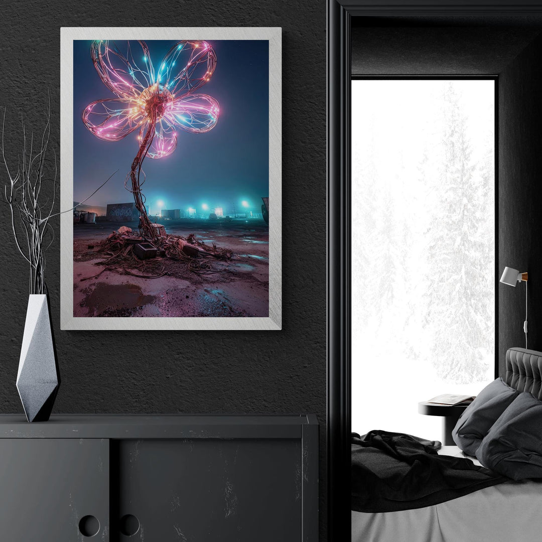 Pink and blue cyber bloom glowing flower with city background, surreal cyberpunk canvas