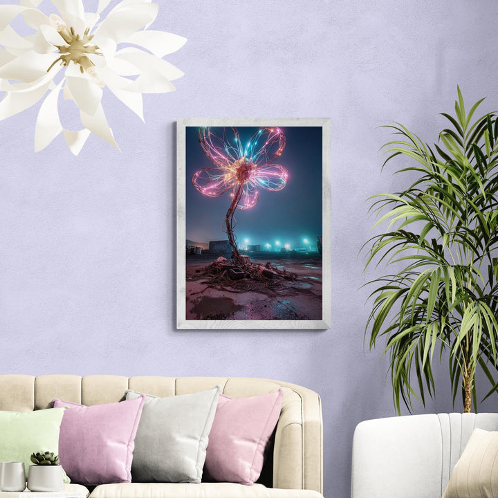 Pink and blue cyber bloom glowing flower with city background, surreal cyberpunk canvas