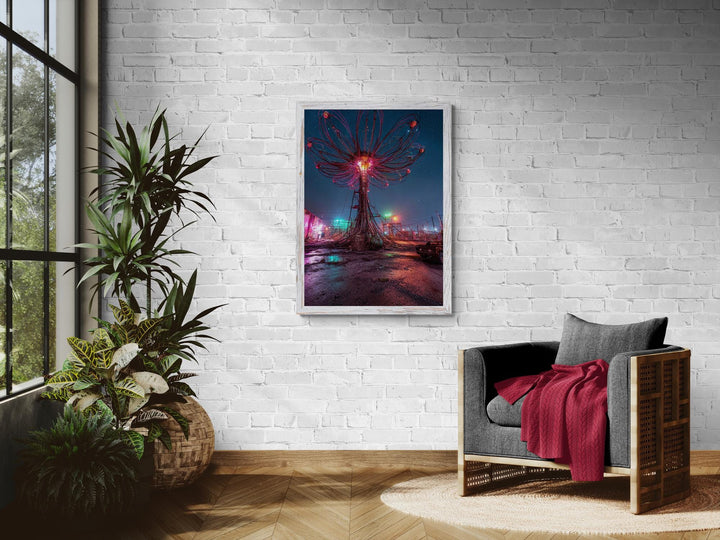 Rose pink cyber bloom glowing flower with neon circuit details, surreal canvas