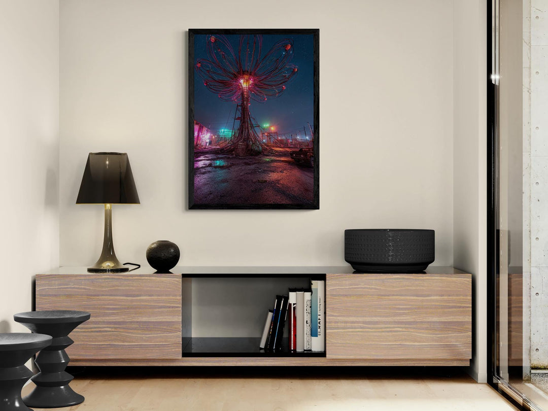Rose pink cyber bloom glowing flower with neon circuit details, surreal canvas