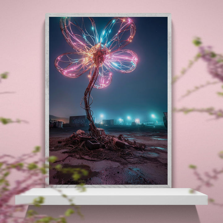 Pink and blue cyber bloom glowing flower,  surreal cyberpunk canvas