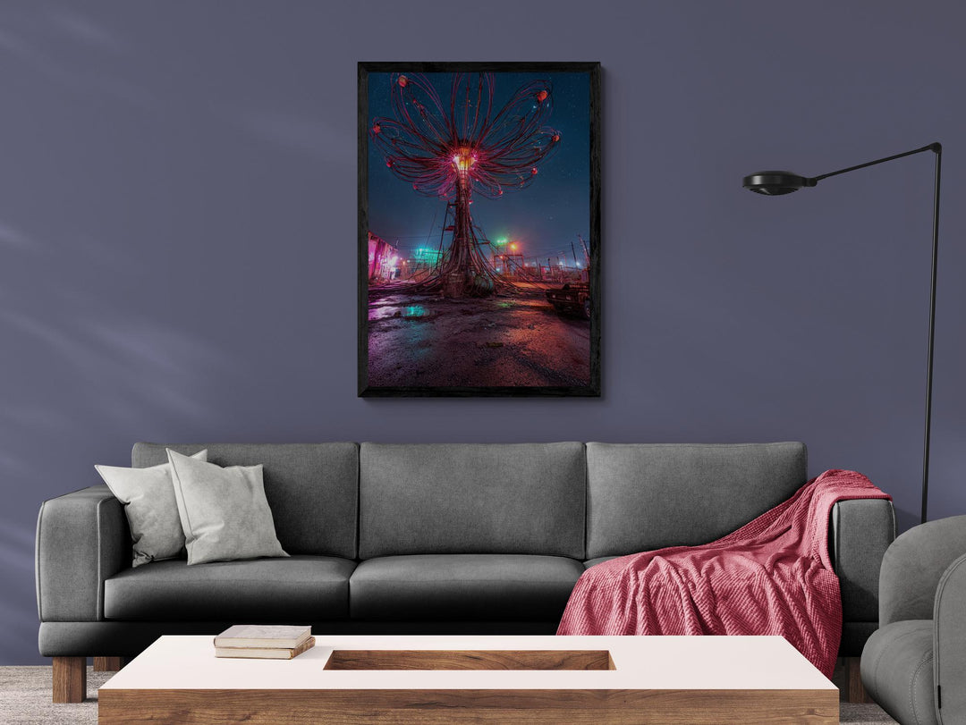 Futuristic surreal flower in glowing pink cyberpunk design