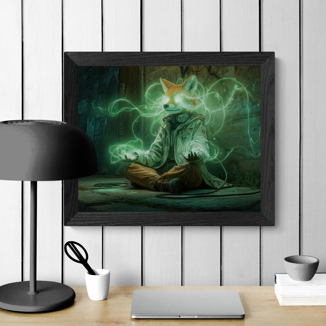 An anthropomorphic fox with glowing green eyes sits cross-legged in a gritty alley, summoning swirling neon green energy between its hands, surrounded by cables, graffiti, and moody cyberpunk lighting.