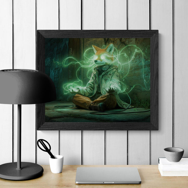 An anthropomorphic fox with glowing green eyes sits cross-legged in a gritty alley, summoning swirling neon green energy between its hands, surrounded by cables, graffiti, and moody cyberpunk lighting.