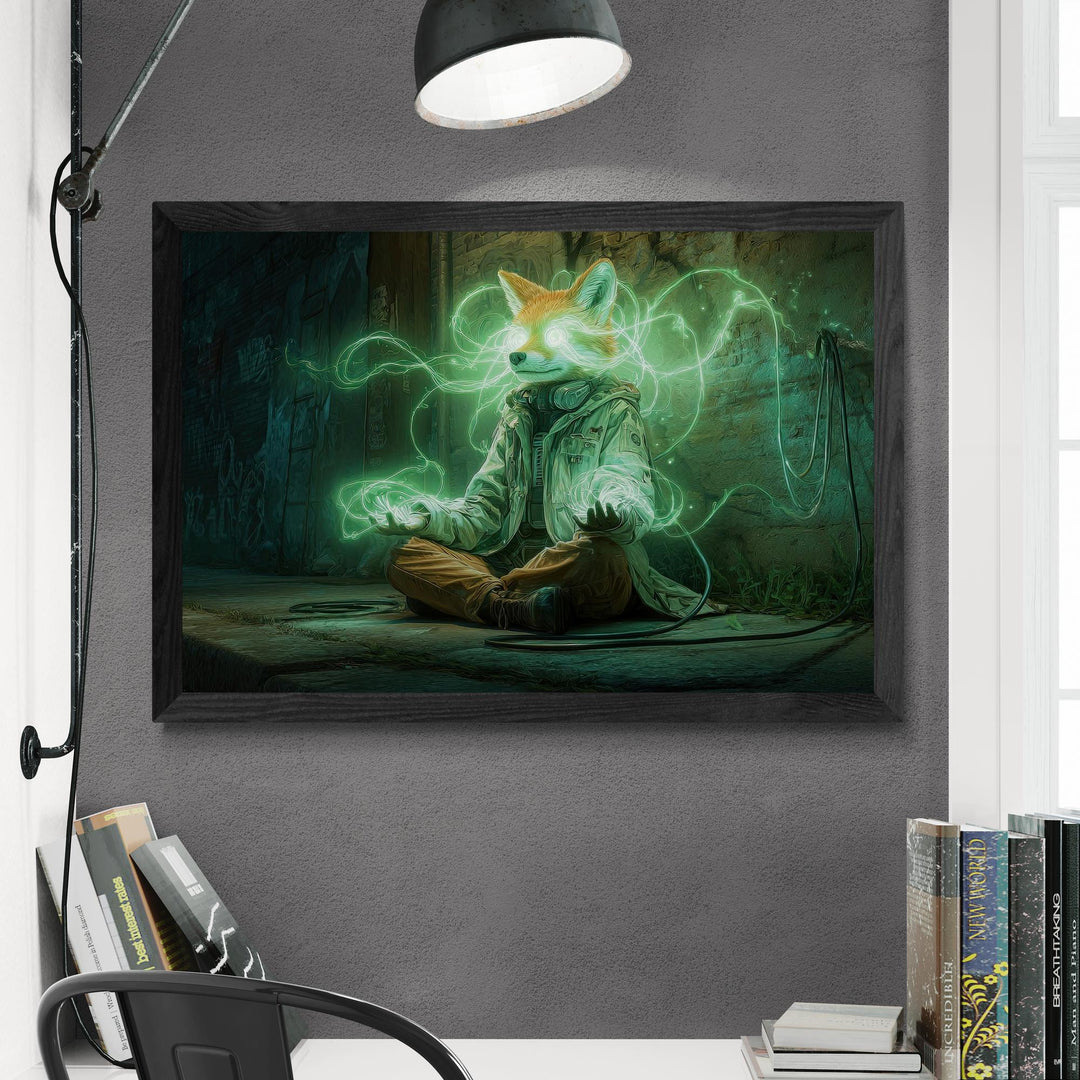 An anthropomorphic fox with glowing green eyes sits cross-legged in a gritty alley, summoning swirling neon green energy between its hands, surrounded by cables, graffiti, and moody cyberpunk lighting.