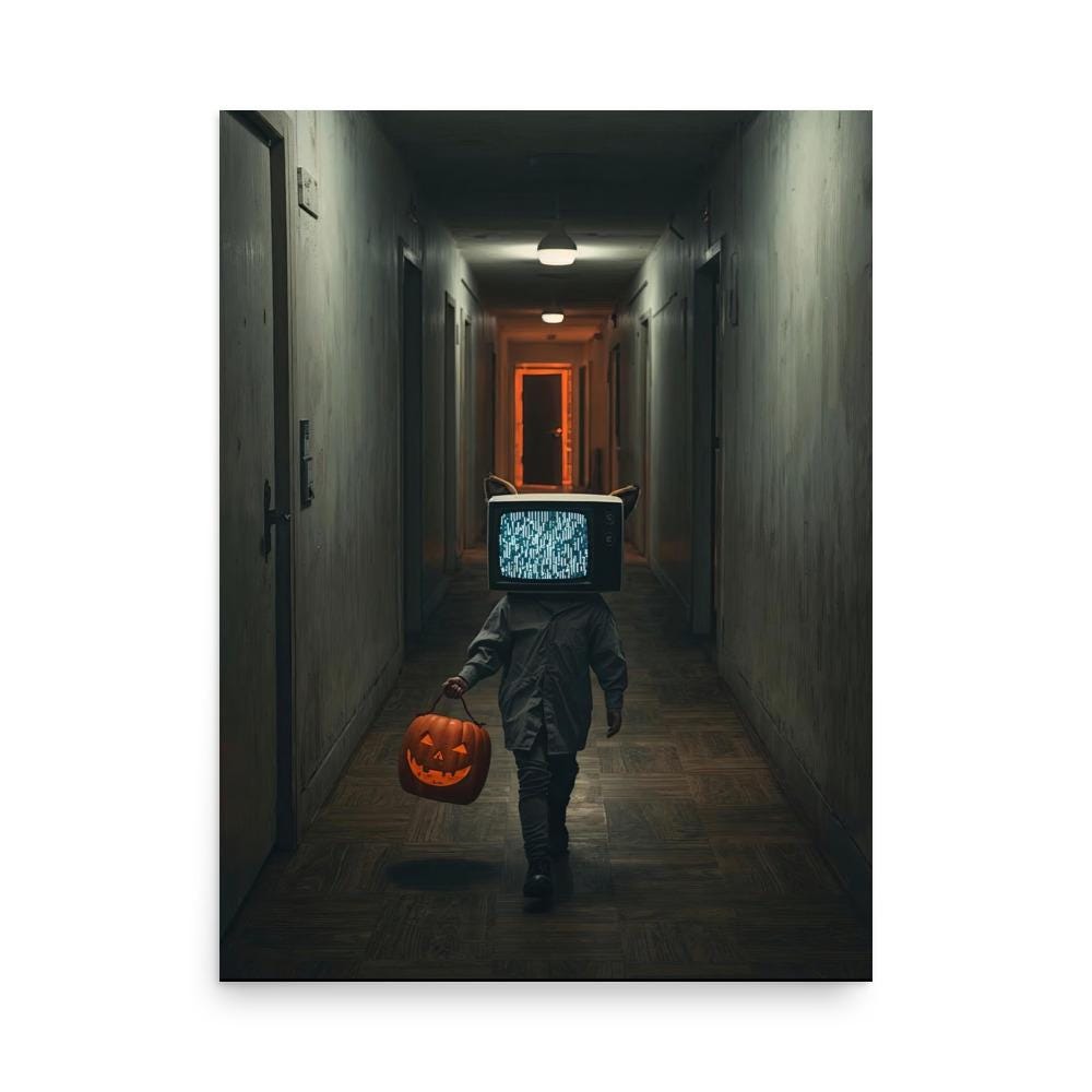 TV-Head Cat Halloween | Poster Print | Surreal Dreamcore Hallway Wall Art