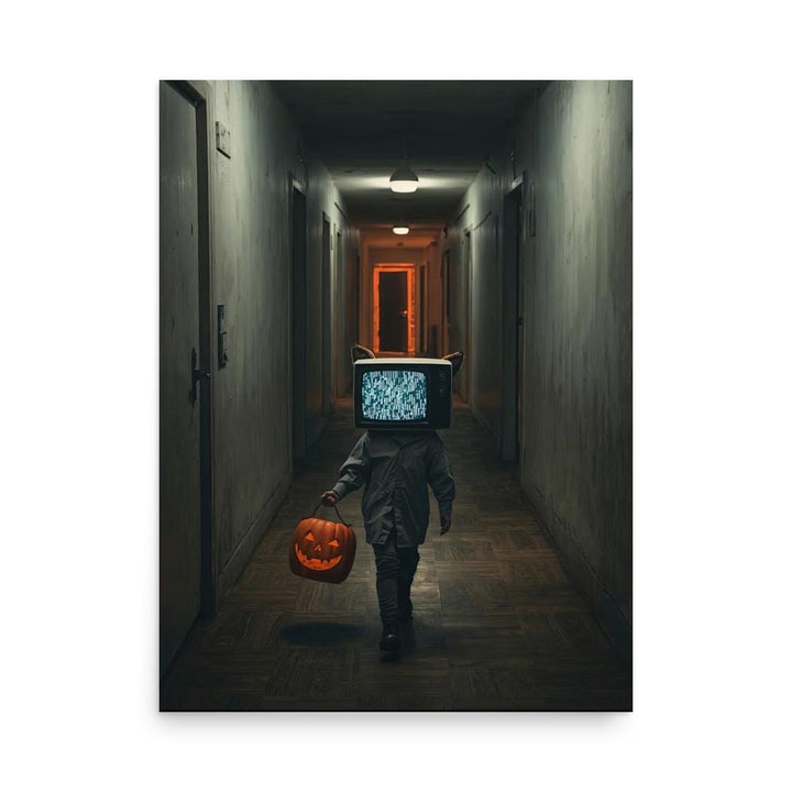 TV-Head Cat Halloween | Poster Print | Surreal Dreamcore Hallway Wall Art