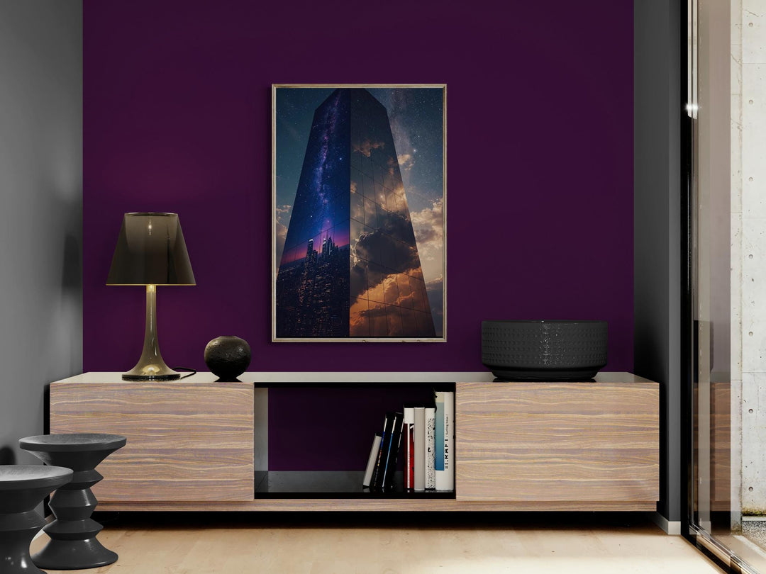 A surreal mirrored skyscraper stands against a star-filled night sky, reflecting the Milky Way, a glowing city skyline, and dramatic golden clouds on its glass surface, blending cosmic and architectural elements.