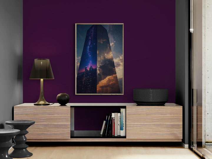 A surreal mirrored skyscraper stands against a star-filled night sky, reflecting the Milky Way, a glowing city skyline, and dramatic golden clouds on its glass surface, blending cosmic and architectural elements.