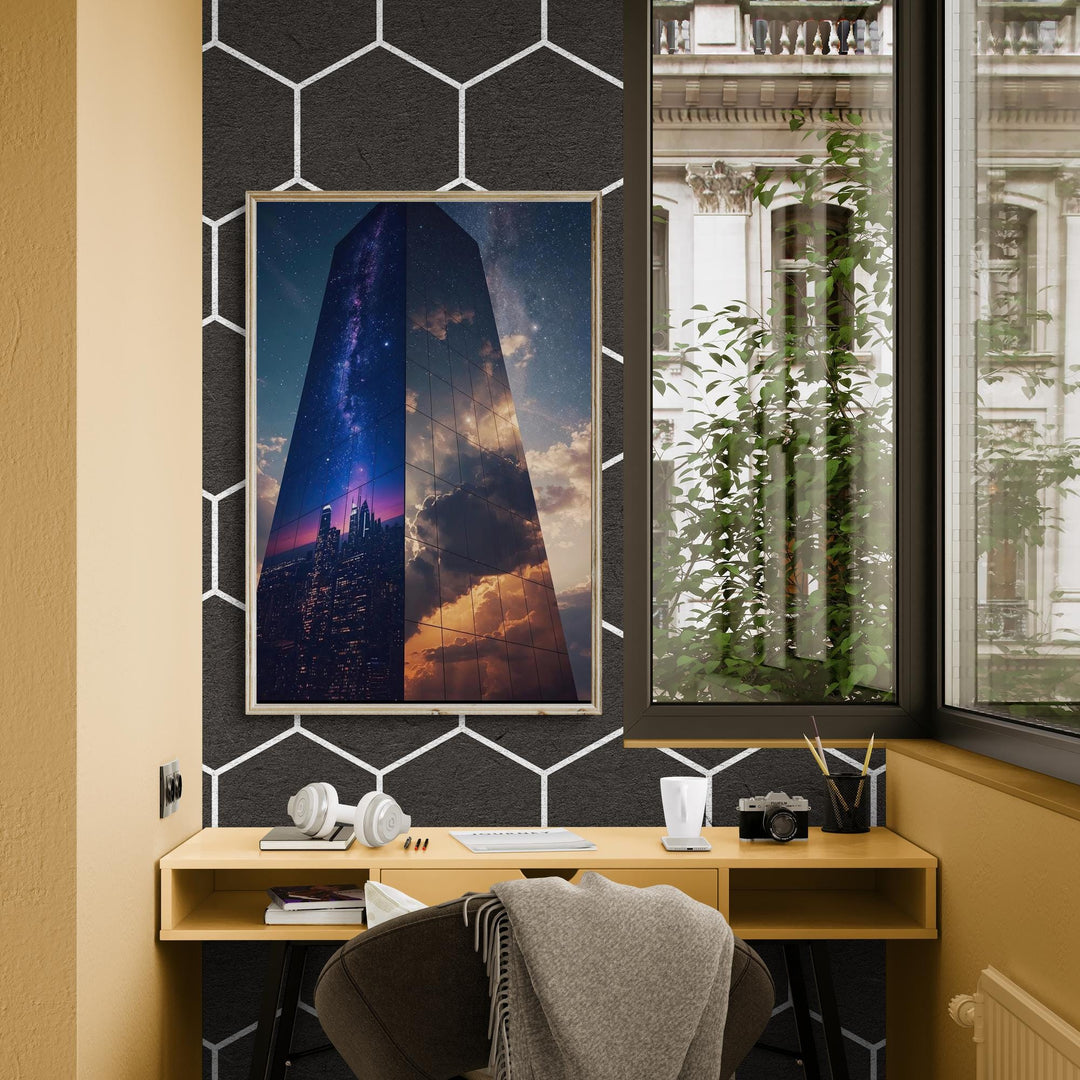 A surreal mirrored skyscraper stands against a star-filled night sky, reflecting the Milky Way, a glowing city skyline, and dramatic golden clouds on its glass surface, blending cosmic and architectural elements.