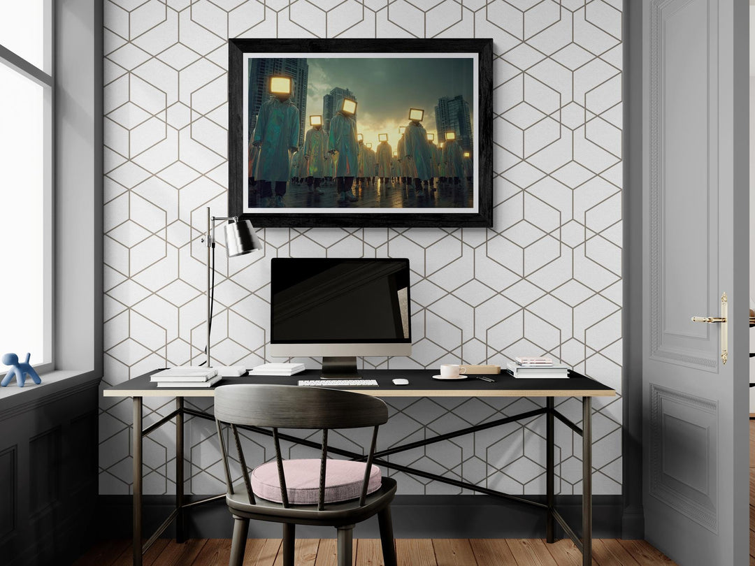 A group of people with glowing retro TV screens for heads walk through a futuristic city at dusk.