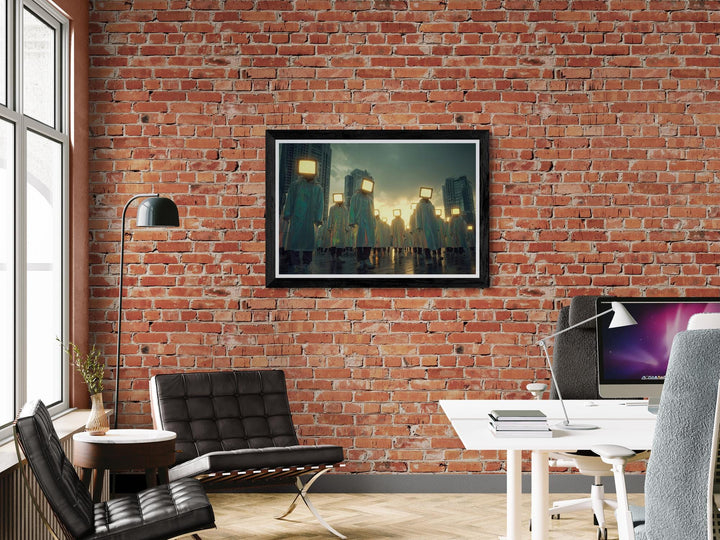 A group of people with glowing retro TV screens for heads walk through a futuristic city at dusk.