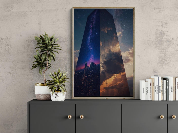 A surreal mirrored skyscraper stands against a star-filled night sky, reflecting the Milky Way, a glowing city skyline, and dramatic golden clouds on its glass surface, blending cosmic and architectural elements.
