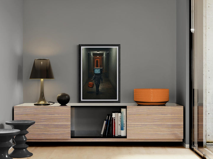 TV Head Cat Halloween | Poster Print | Surreal Dreamcore Hallway