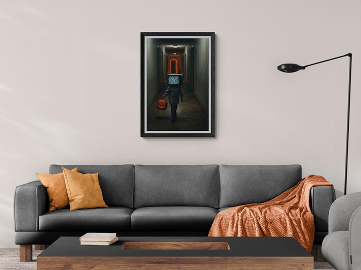 TV Head Cat Halloween | Poster Print | Surreal Dreamcore Hallway