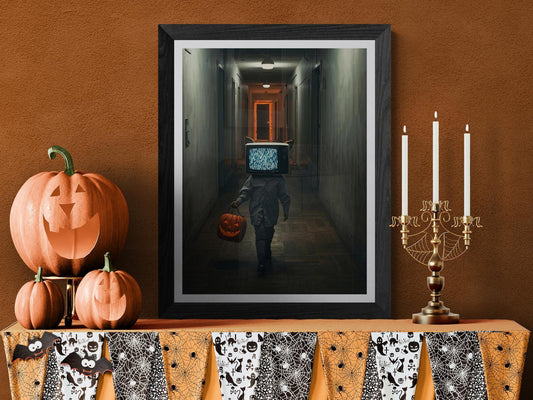 TV Head Cat Halloween | Poster Print | Surreal Dreamcore Hallway