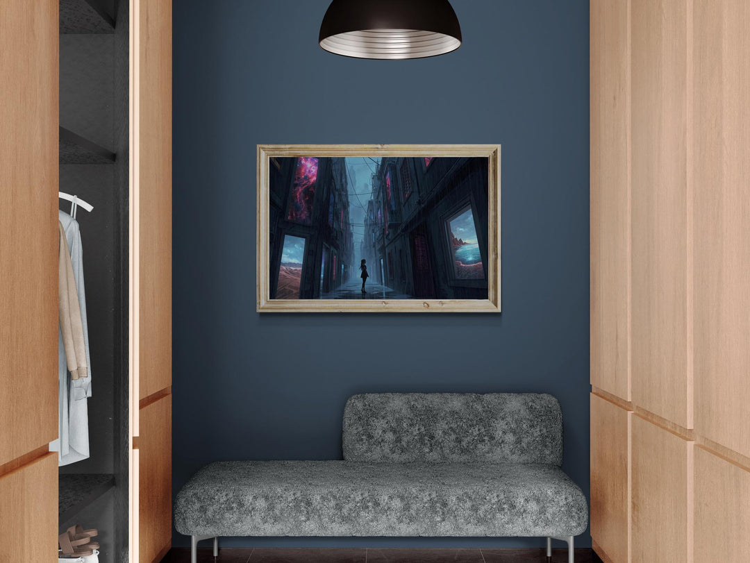 A dark, moody alley glistens with rain as a lone silhouette stands centered between tall buildings displaying glowing surreal landscapes in their windows, creating a cinematic and dreamlike atmosphere.