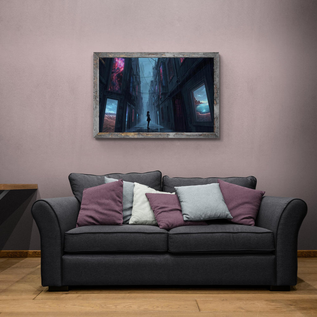 A dark, moody alley glistens with rain as a lone silhouette stands centered between tall buildings displaying glowing surreal landscapes in their windows, creating a cinematic and dreamlike atmosphere.