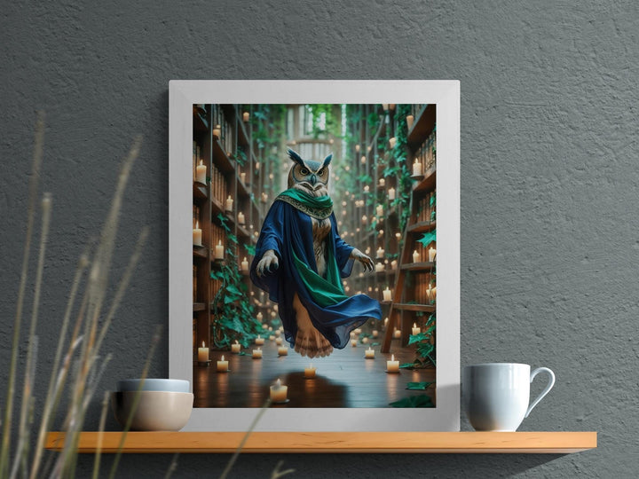 Mystical Owl canvas print of magical owl in robes floating amongst library shelves filled with burning candles.