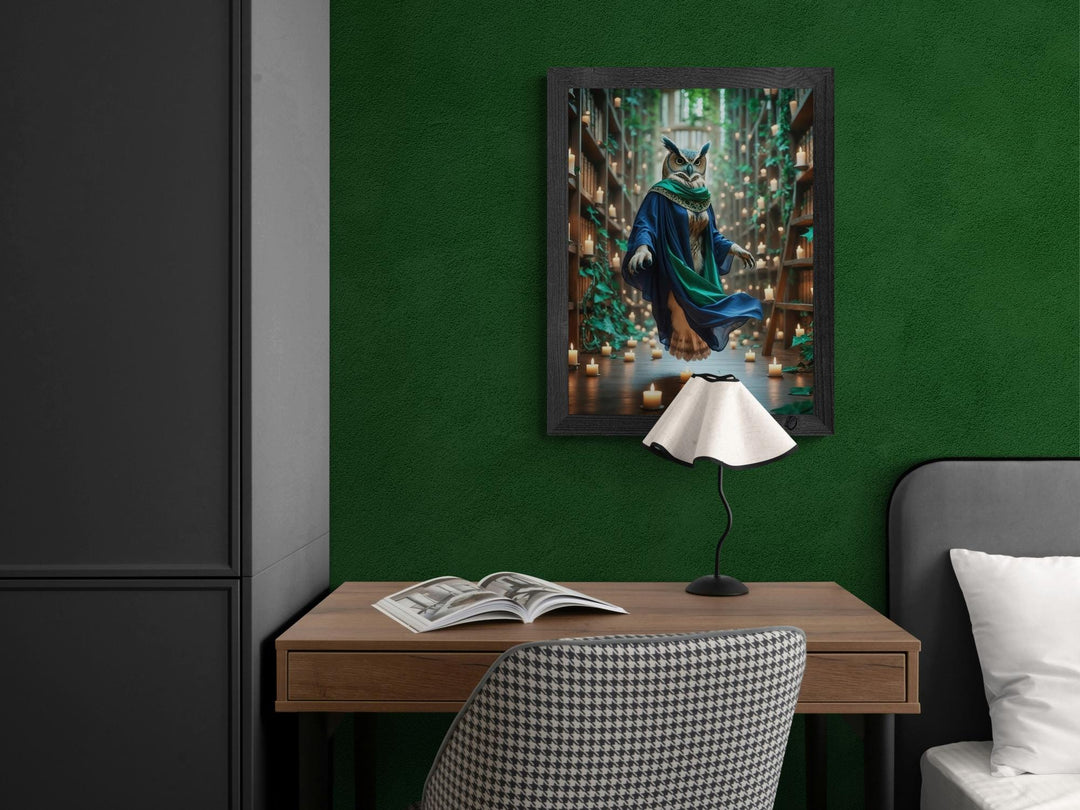 Mystical Owl canvas print of magical owl in robes floating amongst library shelves filled with burning candles.