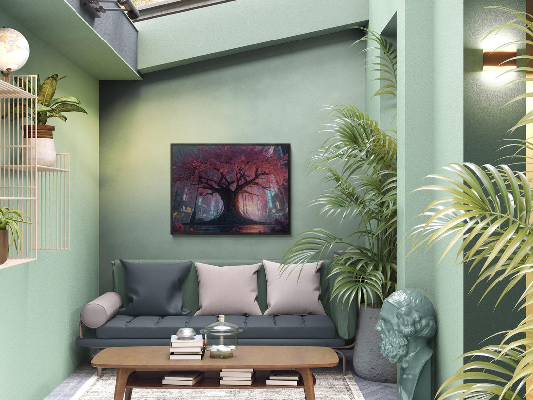 Large cyberpunk cherry blossom canvas print hanging in modern living room, neon sakura tree artwork for futuristic home decor