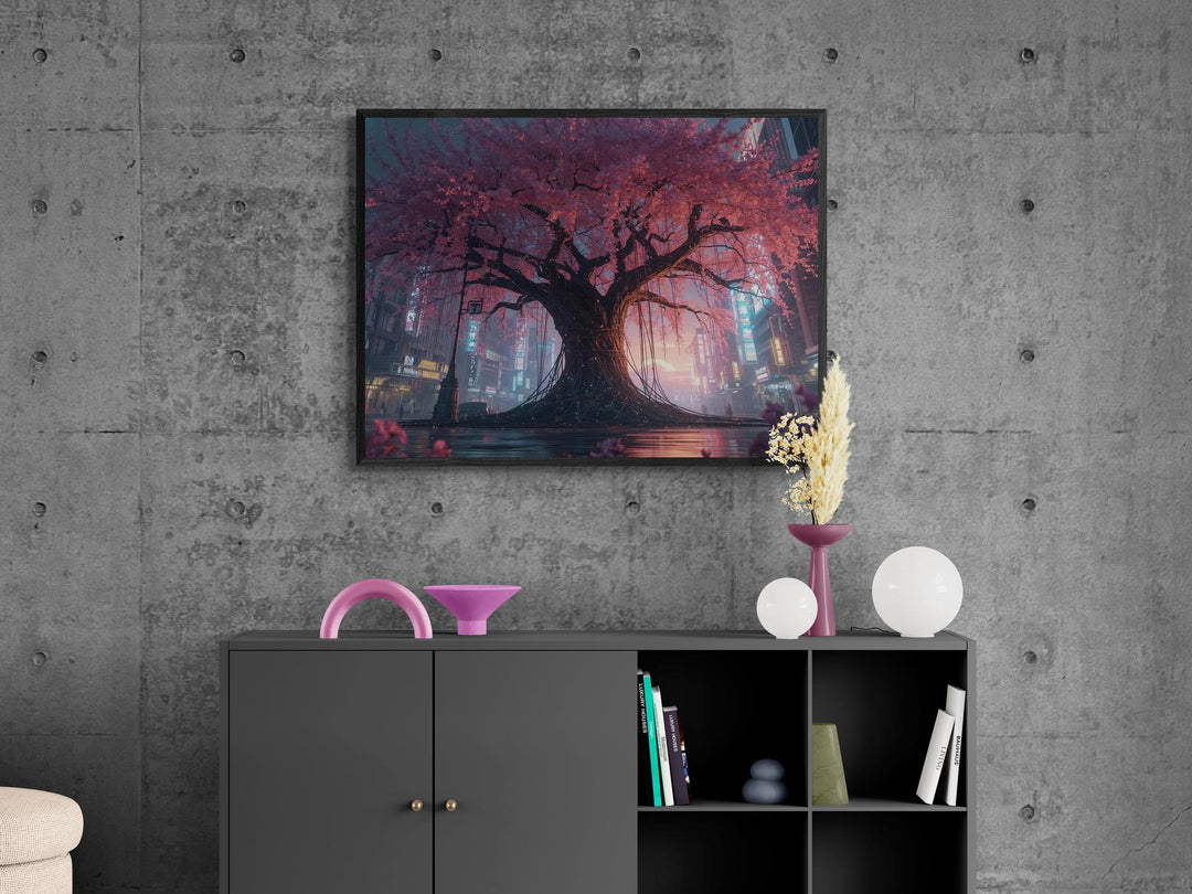 Large cyberpunk cherry blossom canvas print hanging in modern living room, neon sakura tree artwork for futuristic home decor