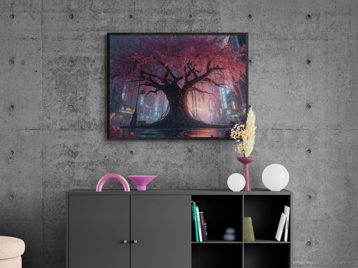 Large cyberpunk cherry blossom canvas print hanging in modern living room, neon sakura tree artwork for futuristic home decor