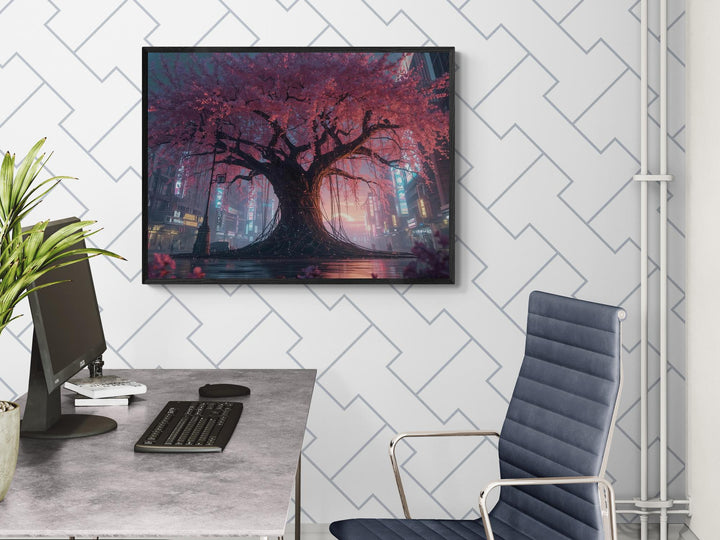 Cyberpunk cherry blossom wall art in gaming room setup, neon sakura tree canvas creating sci-fi futuristic atmosphere.
