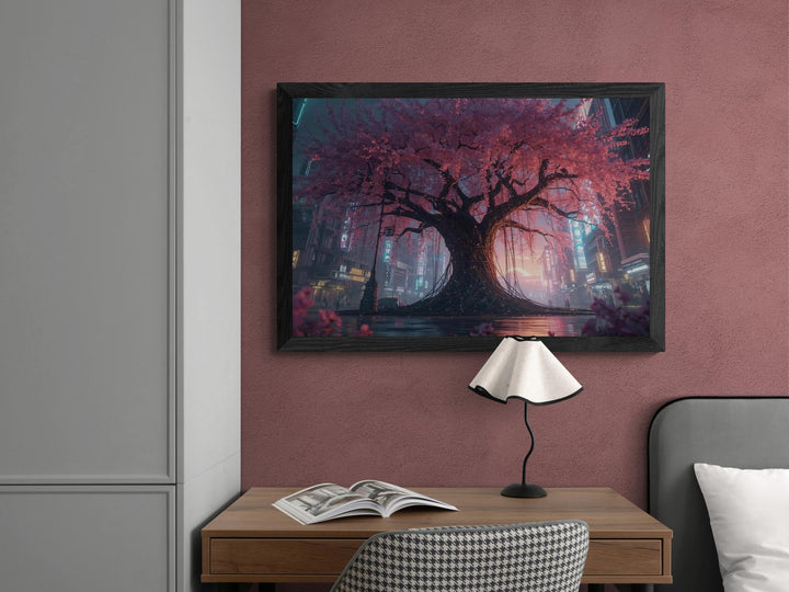 Large cyberpunk cherry blossom canvas print hanging in modern living room, neon sakura tree artwork for futuristic home decor