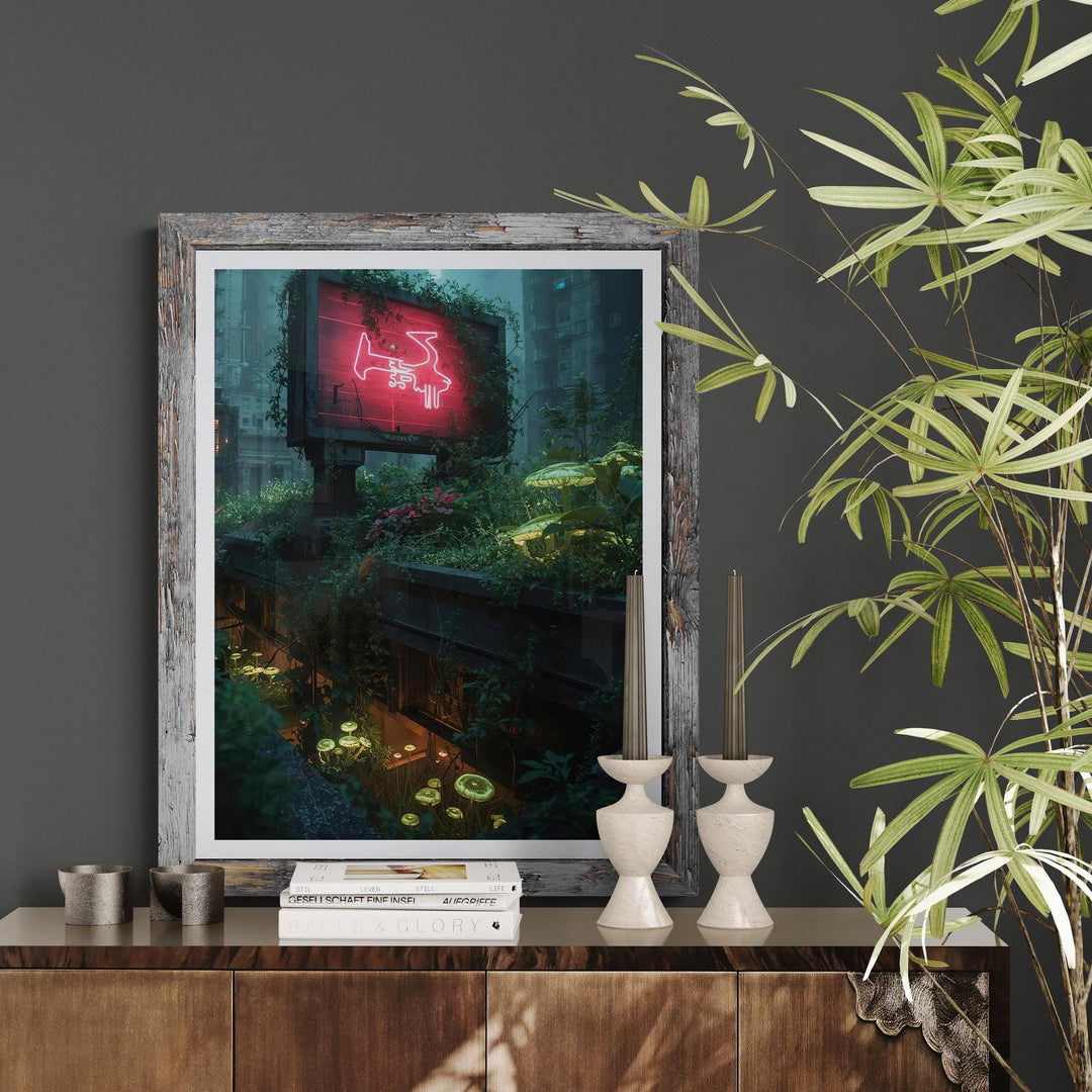 Overgrown Rooftop Cyberpunk Landscape Poster : Futuristic Sci-Fi Wall Art Print