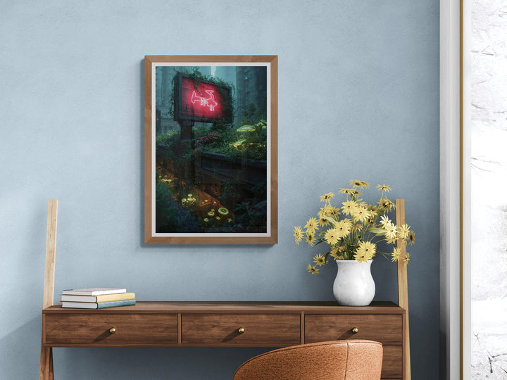 Overgrown Rooftop Cyberpunk Landscape Poster : Futuristic Sci-Fi Wall Art Print