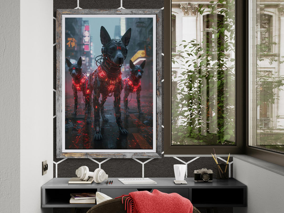 Cyberpunk Street Dogs Poster: Neon Sci-Fi Wall Art