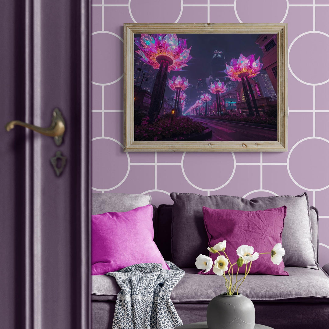 A futuristic city street lined with giant glowing lotus-shaped lights in pink and purple neon tones.