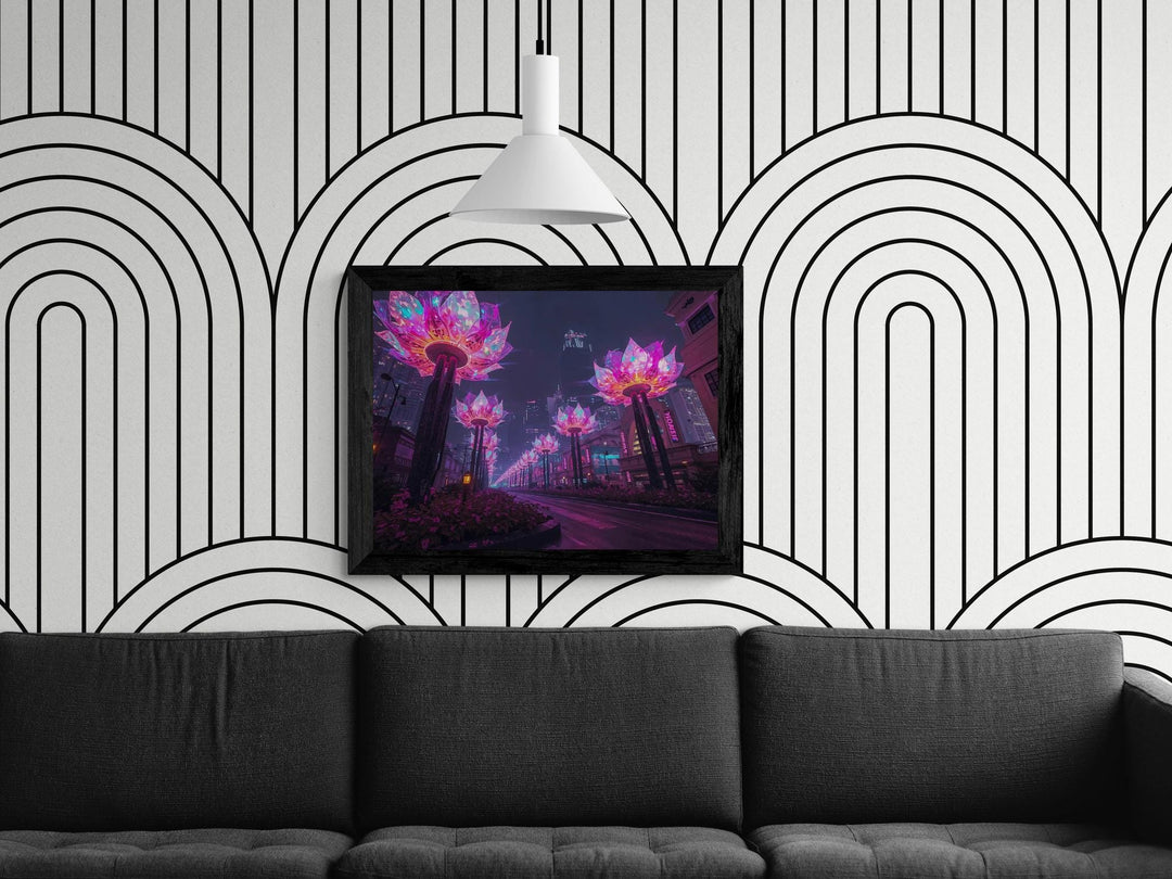 A futuristic city street lined with giant glowing lotus-shaped lights in pink and purple neon tones.