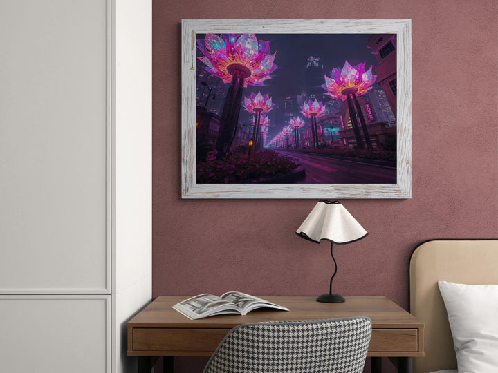 A surreal futuristic boulevard illuminated by enormous lotus-shaped neon light sculptures, glowing in radiant pink and purple hues against a skyline of tall city buildings and misty nighttime atmosphere.