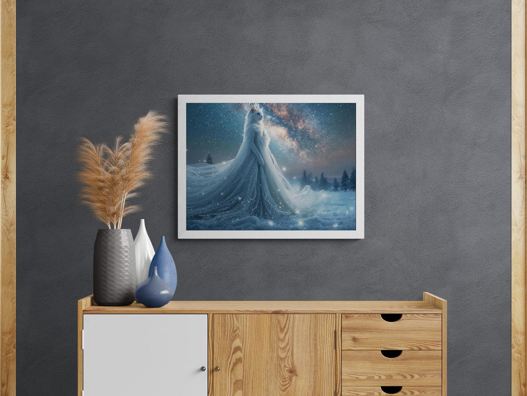 A regal anthropomorphic cat goddess stands in a snowy landscape wearing a long, shimmering winter gown that trails behind her. She is illuminated by a glowing star-filled sky and a bright galactic band stretching across the horizon. The scene is ethereal, serene, and magical, blending fantasy and celestial winter themes.