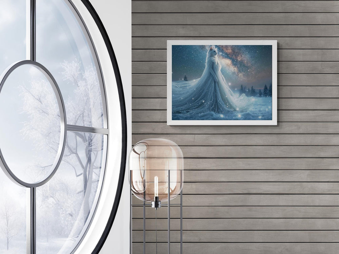 Winter cat goddess in a glowing gown under a starry sky.