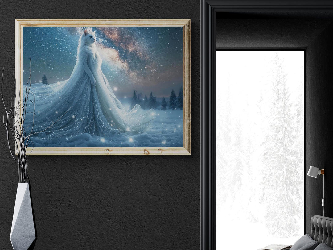 Winter cat goddess in a glowing gown under a starry sky.