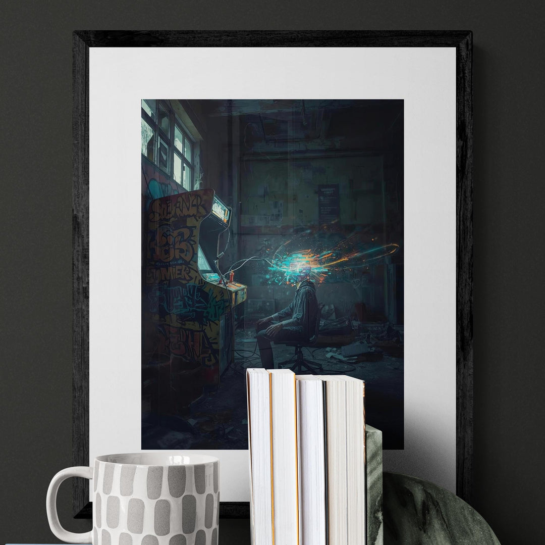 Cyberpunk netrunner poster of a hacker at a graffiti-covered arcade machine with neon digital explosion, dystopian sci-fi wall art