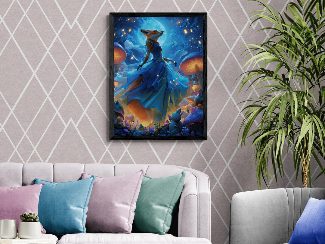 Fantasy fox princess in flowing blue gown under moonlight, glowing mushrooms and enchanted forest scene on canvas wall art