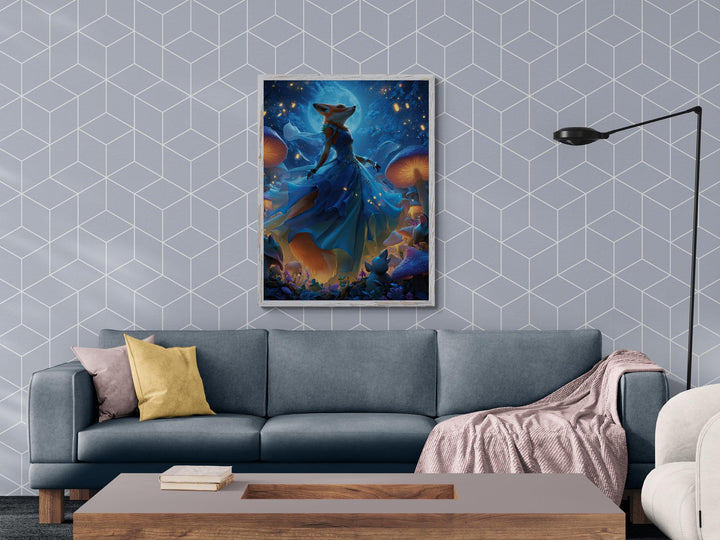 Fantasy fox princess in flowing blue gown under moonlight, glowing mushrooms and enchanted forest scene on canvas wall art