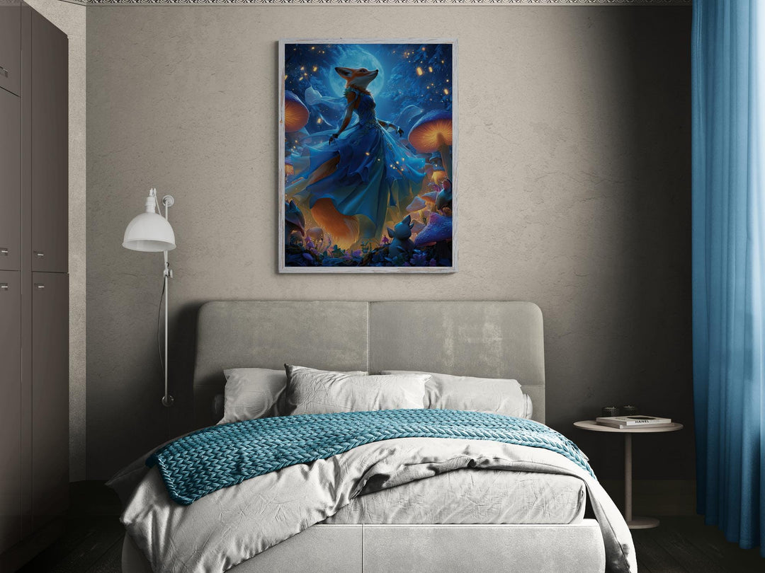 Fantasy fox princess in flowing blue gown under moonlight, glowing mushrooms and enchanted forest scene on canvas wall art