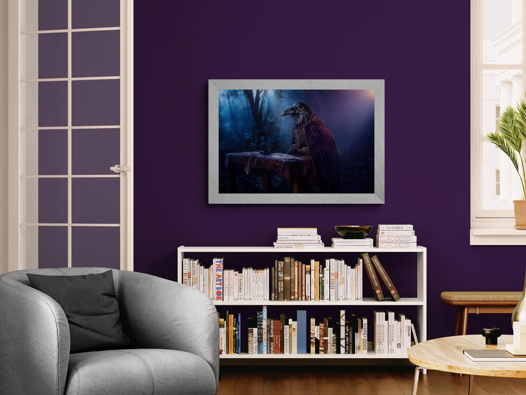 Raven in ornate cloak reading tarot cards at a table in moonlit forest, mystical dark fantasy poster wall art